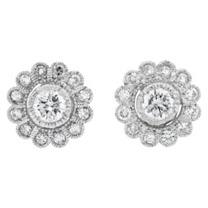 Flower Shaped Diamond Stud earrings full cut brilliant diamond total approx weight= 0.90 cts set in 18k white gold 10mm diameter