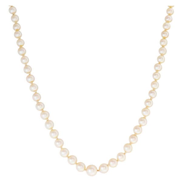 Sweet graduated cultured pearl necklace, with 105 graduated pearls from 7x7.5mm to 3x3.5mm with 14K white gold security clasp. 20 inches.