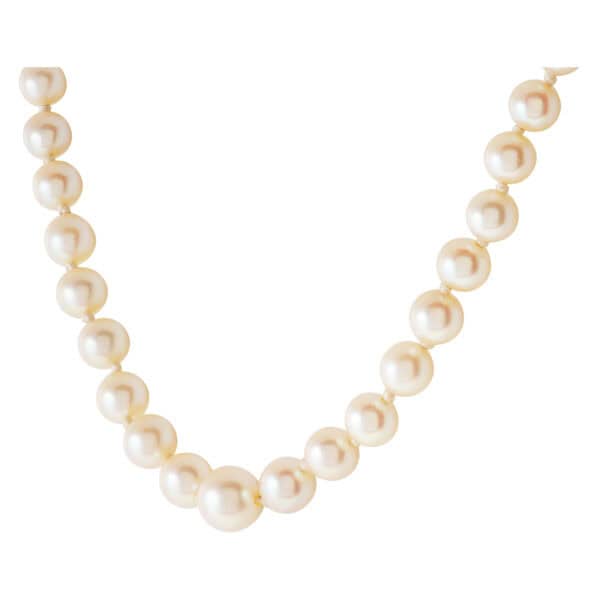 Sweet graduated cultured pearl necklace, with 105 graduated pearls from 7x7.5mm to 3x3.5mm with 14K white gold security clasp. 20 inches.