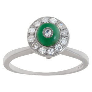 diamond and green stone ring in 14k white gold