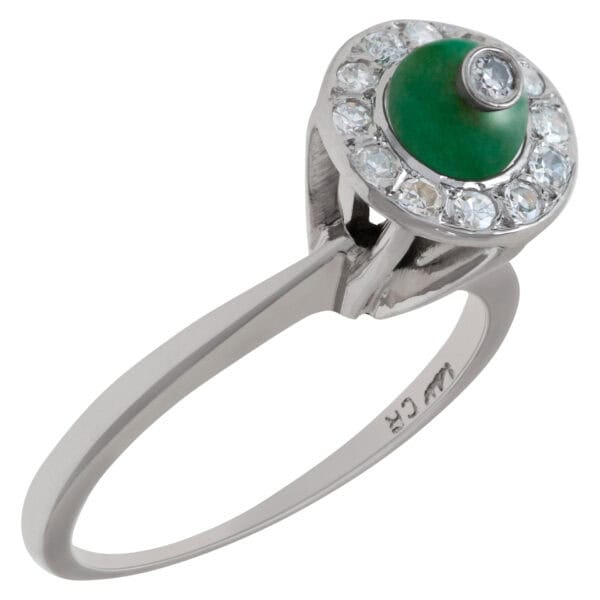 diamond and green stone ring in 14k white gold