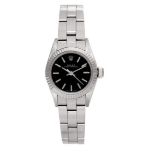 Rolex Oyster Perpetual 67194 Steel, Black dial, 18k Wg fluted bezel, 25mm Auto