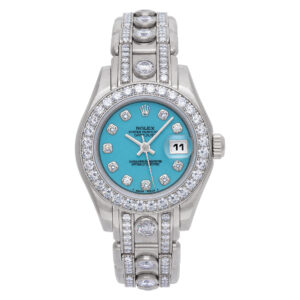 Rolex  Ladies Pearlmaster 69299 18k White Gold Factory Diamonds Turquoise dial