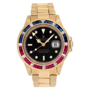 Rolex GMT-Master II 16718 18k custom ruby and sapphire bezel 40mm with box.