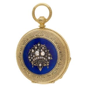 Antic Girard Perregaux blue enamel & diamond pocket watch.  Hunter case. 39mm.