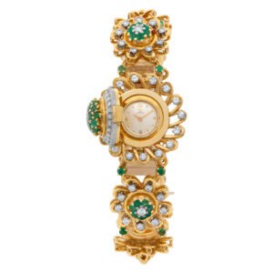 Ladies vintage Omega in 18k watch/bracelet with diamonds and emeralds