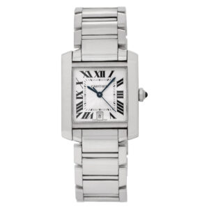 Cartier Tank Francaise W50011S3 18k White Gold Silver Guilloche dial 28mm Automa