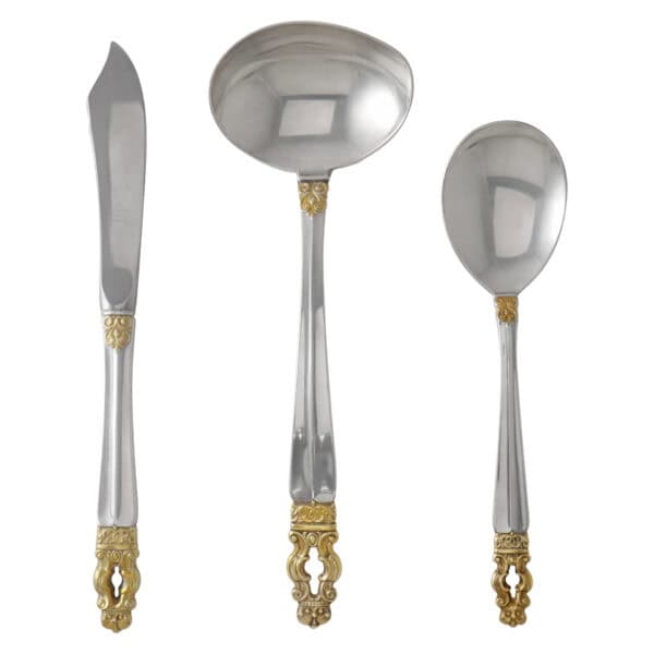 HISPANA aka SOVEREIGN "Gold" Sterling Silver flatware set by Gorham, patented in 1968. 6 place set for 10 with 6 serving pieces.