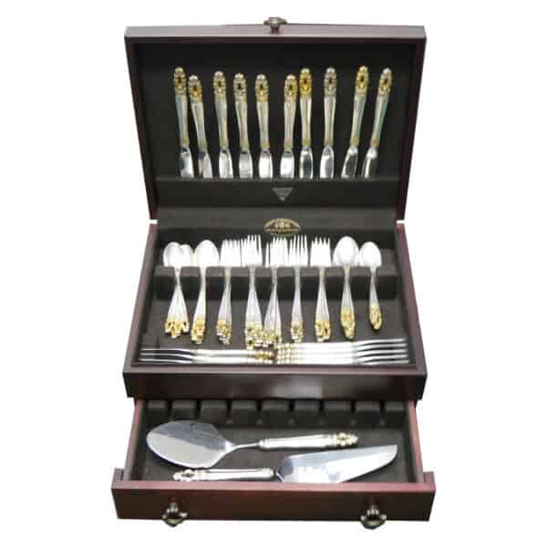 HISPANA aka SOVEREIGN "Gold" Sterling Silver flatware set by Gorham, patented in 1968. 6 place set for 10 with 6 serving pieces.