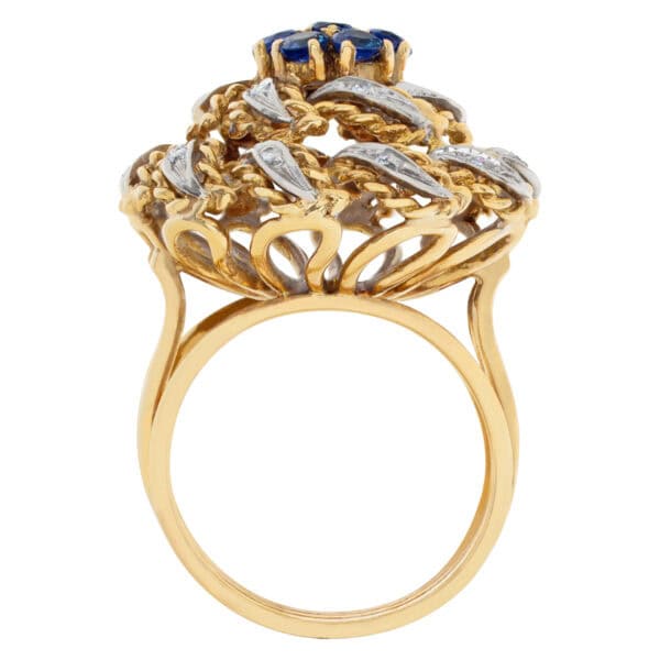 Flower sapphire and diamond ring in twisted 18k white and yellow gold