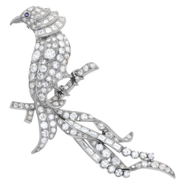 Bird of Paradise Brooch with approx 6 carat round, baguettes and square diamonds, set in Platinum