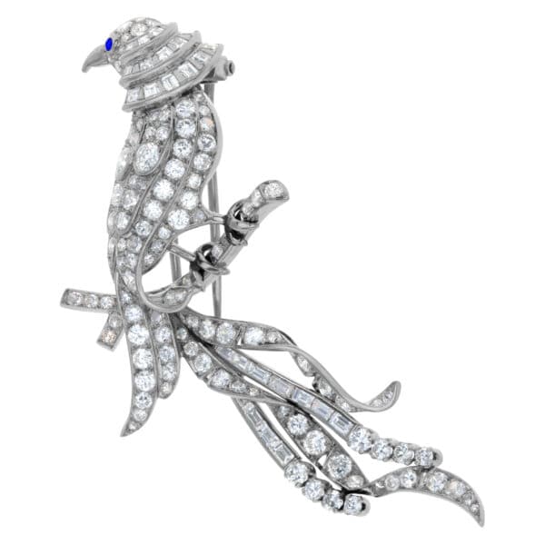 Bird of Paradise Brooch with approx 6 carat round, baguettes and square diamonds, set in Platinum