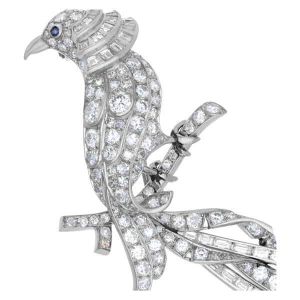 Bird of Paradise Brooch with approx 6 carat round, baguettes and square diamonds, set in Platinum