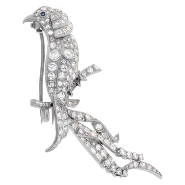 Bird of Paradise Brooch with approx 6 carat round, baguettes and square diamonds, set in Platinum