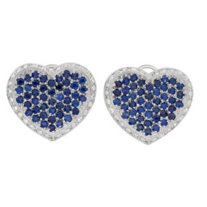 Heart shaped earrings in 14k white gold with pave set diamonds and sapphires