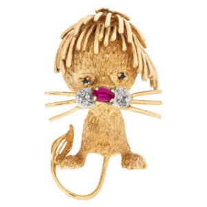 Lion cub brooch in 14k with a ruby, diamond and emeralds