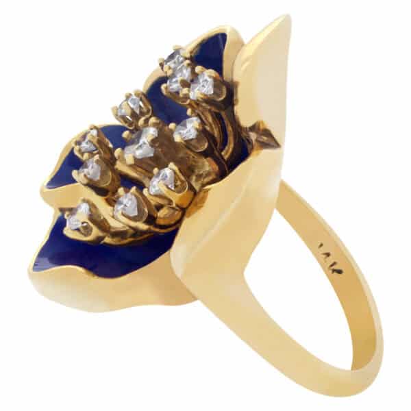 Flower Shape Enamel And Diamond Ring In 14k yellow gold. Size 5.75