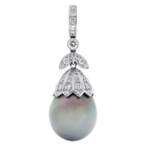 Grey south sea pearl pendant (15 x 16mm) with  pave diamonds. set in 18k white gold.