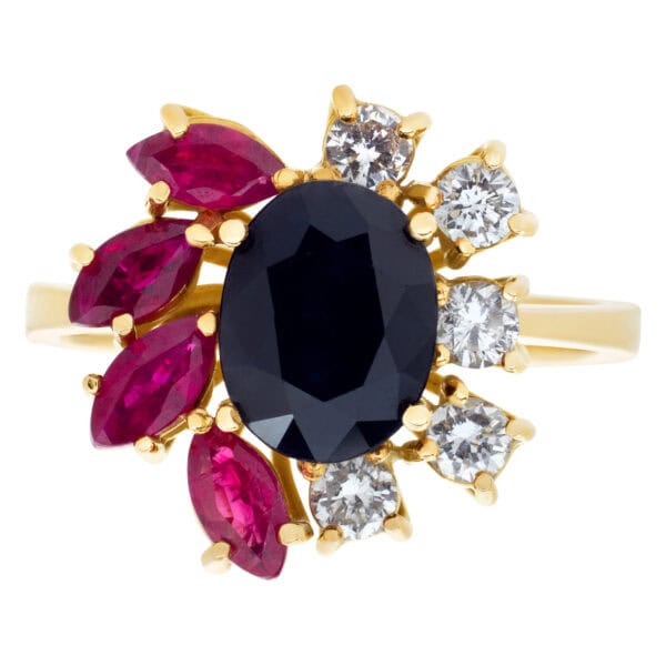 Flower style ring with rubies, sapphires and diamonds