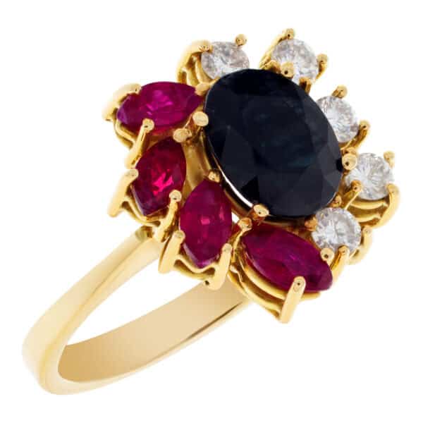 Flower style ring with rubies, sapphires and diamonds