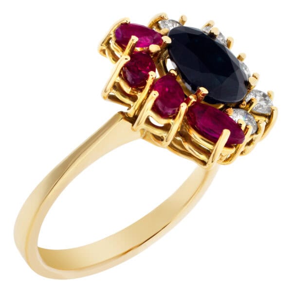 Flower style ring with rubies, sapphires and diamonds