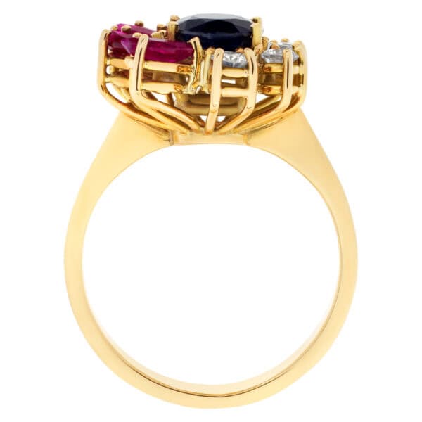 Flower style ring with rubies, sapphires and diamonds