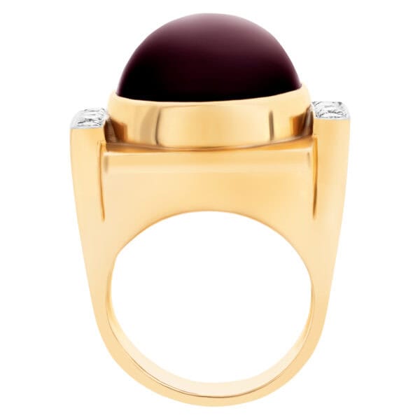 Bold 14k yellow gold ring with cabochon center garnet and accent diamonds