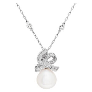 Pearl and diamond pendant in 18k white gold with 14k white gold diamonds by the yard chain