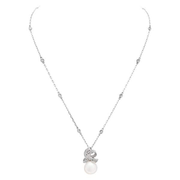 Pearl and diamond pendant in 18k white gold with 14k white gold diamonds by the yard chain