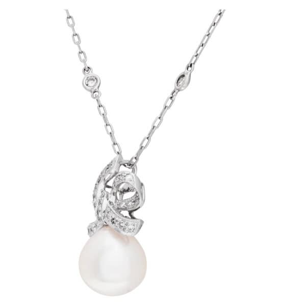 Pearl and diamond pendant in 18k white gold with 14k white gold diamonds by the yard chain